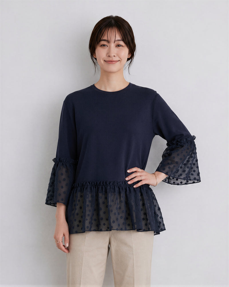 切り替えフリルヘム ドットシアーTシャツ