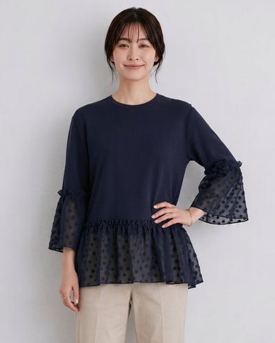 切り替えフリルヘム ドットシアーTシャツ