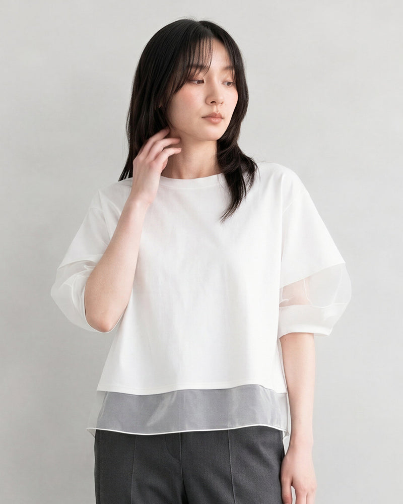 【全2色】M~XL オーガンジー切り替えパフスリーブTシャツ