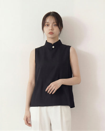スタンドカラー チャイナボタン Aラインシルエット ノースリーブシャツ-ブラック-3XL