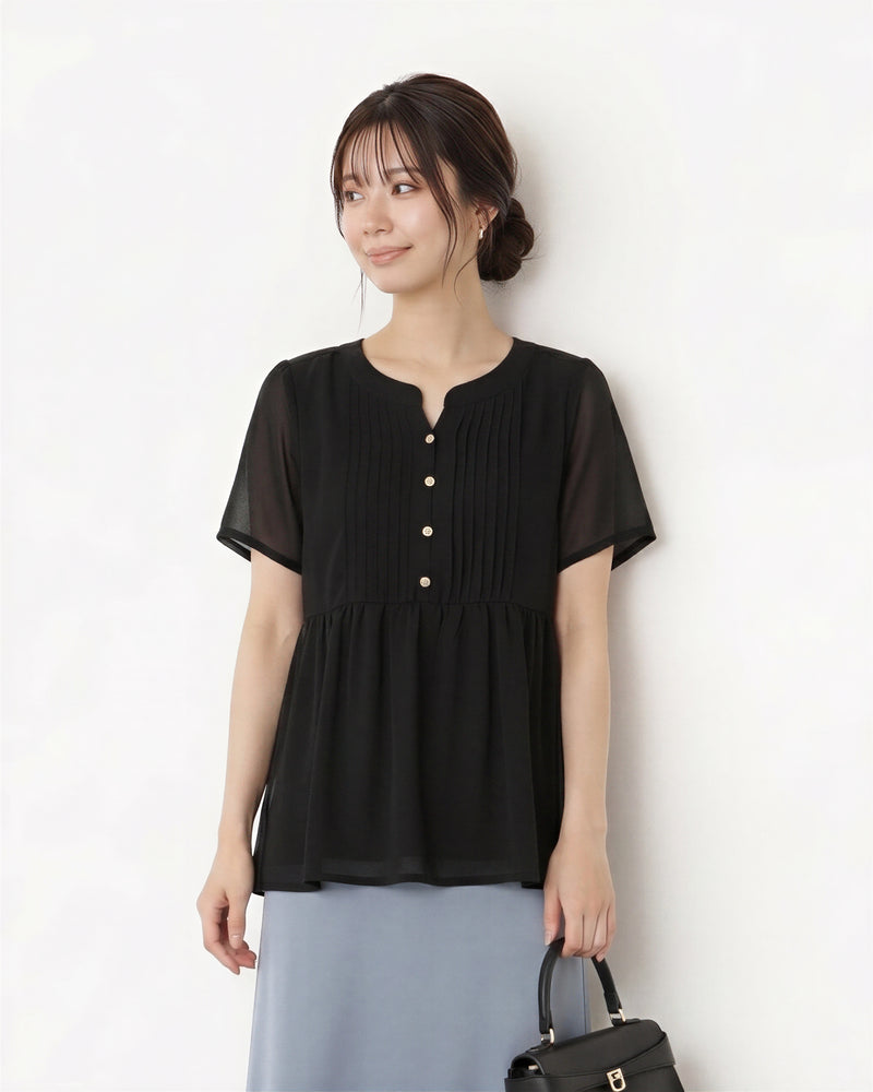 プリーツ切り替えウエストマーク フレアシフォンブラウス-ブラック-5XL