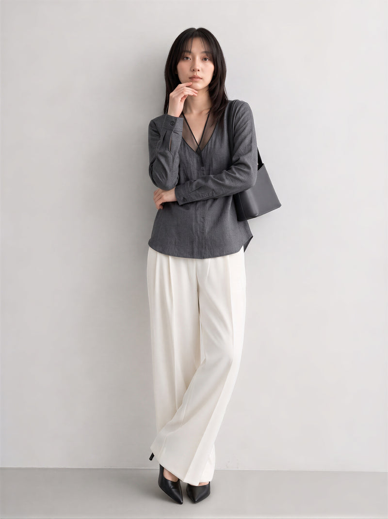 【秋新作】S~XL シアーメッシュ切り替えディープVブラウス