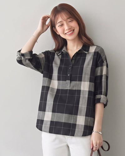ゆったりドロップショルダー大柄チェックシャツ-ブラック X グレー-2XL
