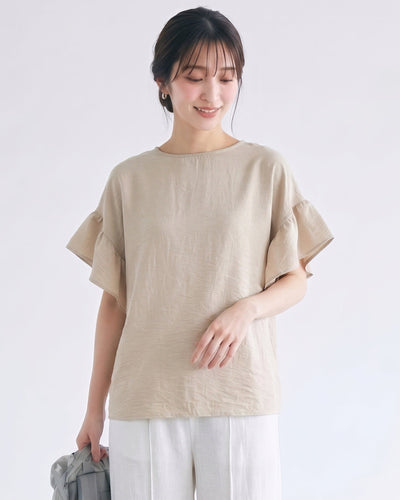フリルフレアスリーブ ゆったりTシャツ-ベージュ-XL