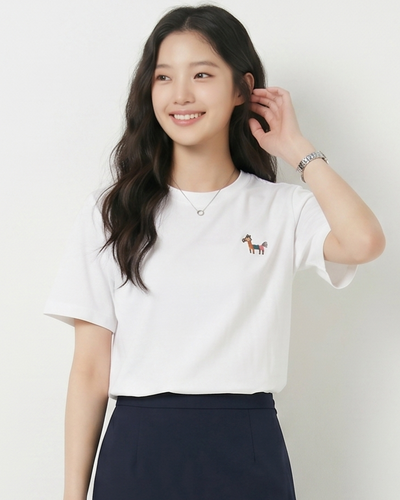 シンプル クルーネック ポニー刺繍Tシャツ