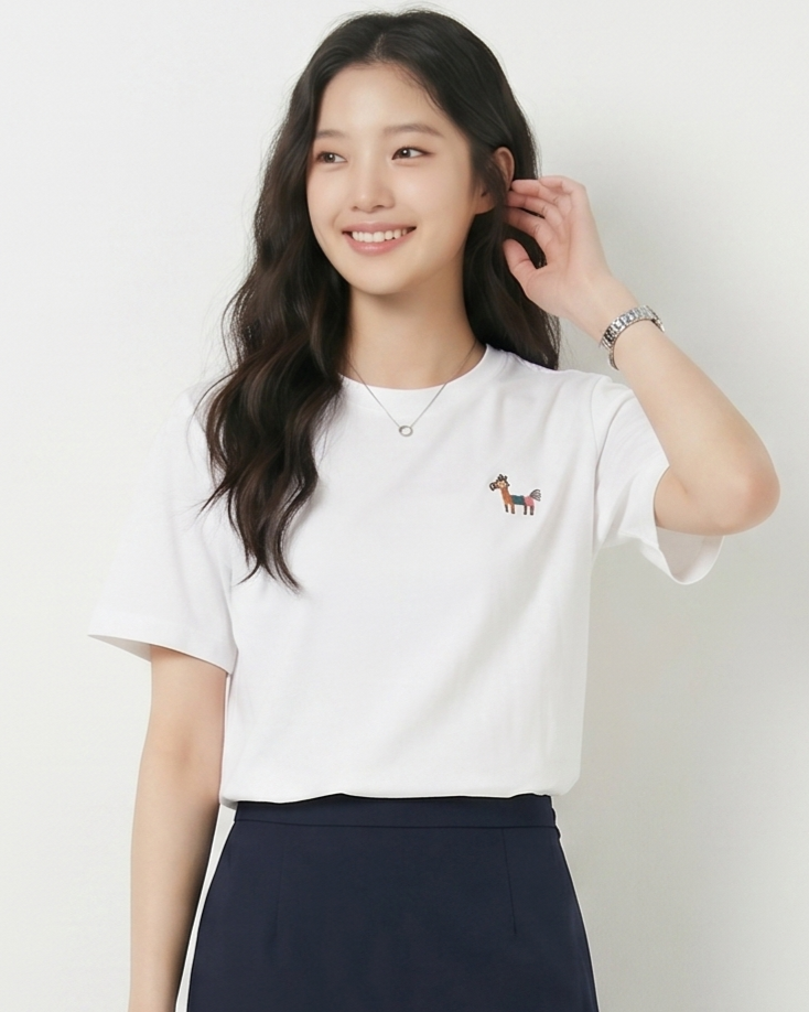 シンプル クルーネック ポニー刺繍Tシャツ