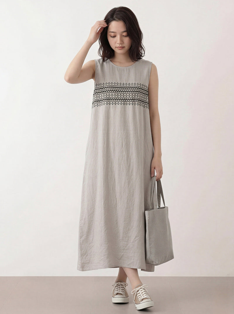 横刺繍切り替え ストレート ノースリーブタンクワンピース-ライトベージュ-2XL