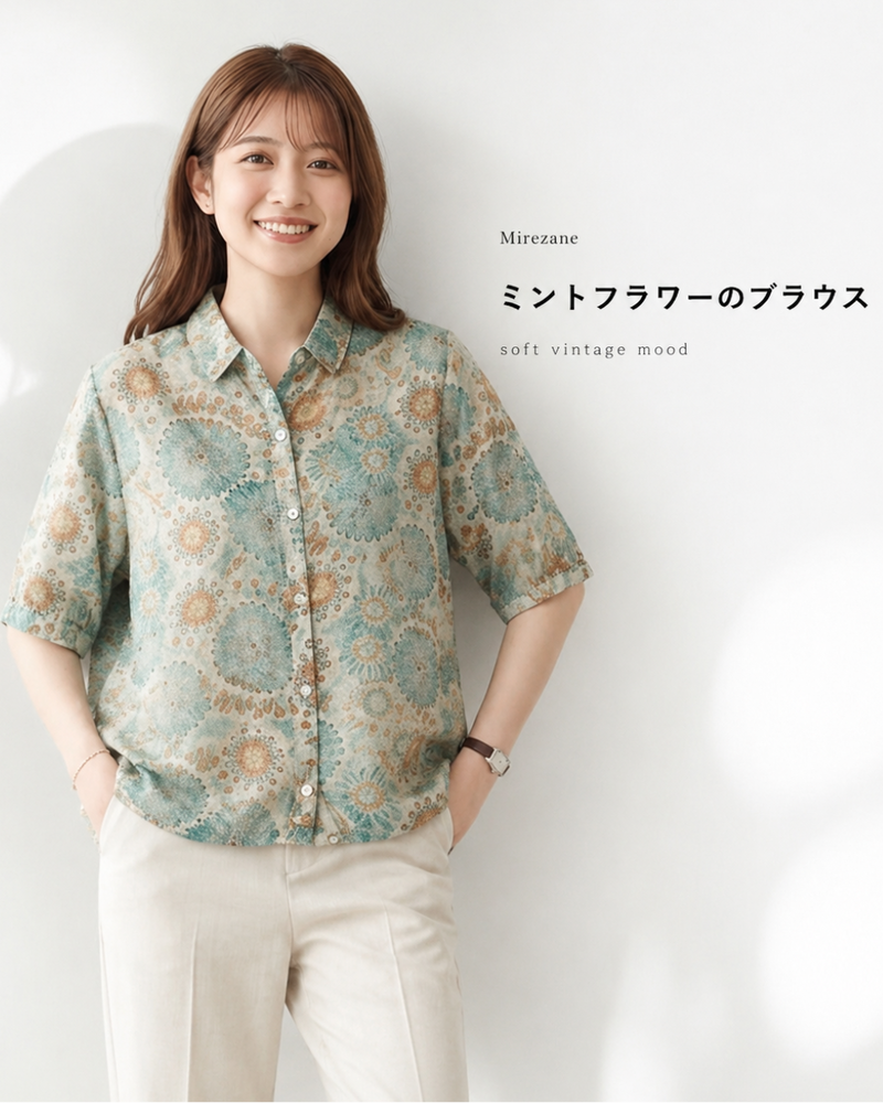 M~2XL ブルー×オレンジプリント ルーズフィット 開襟シャツ