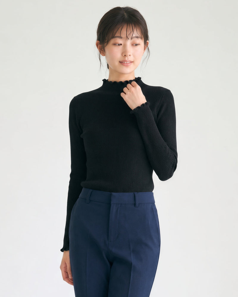 【全2色】S~2XL メロウフリルのハイネック風スリムニット