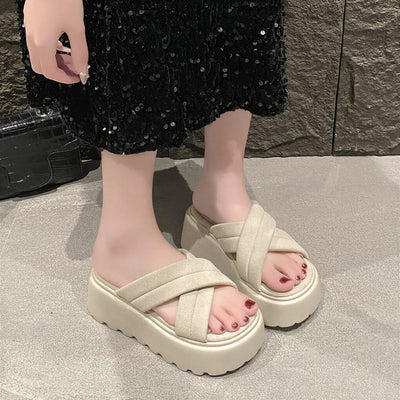 厚底ウェッジソール クロスベルト 滑りにくいギザ底サンダル-ベージュ-42