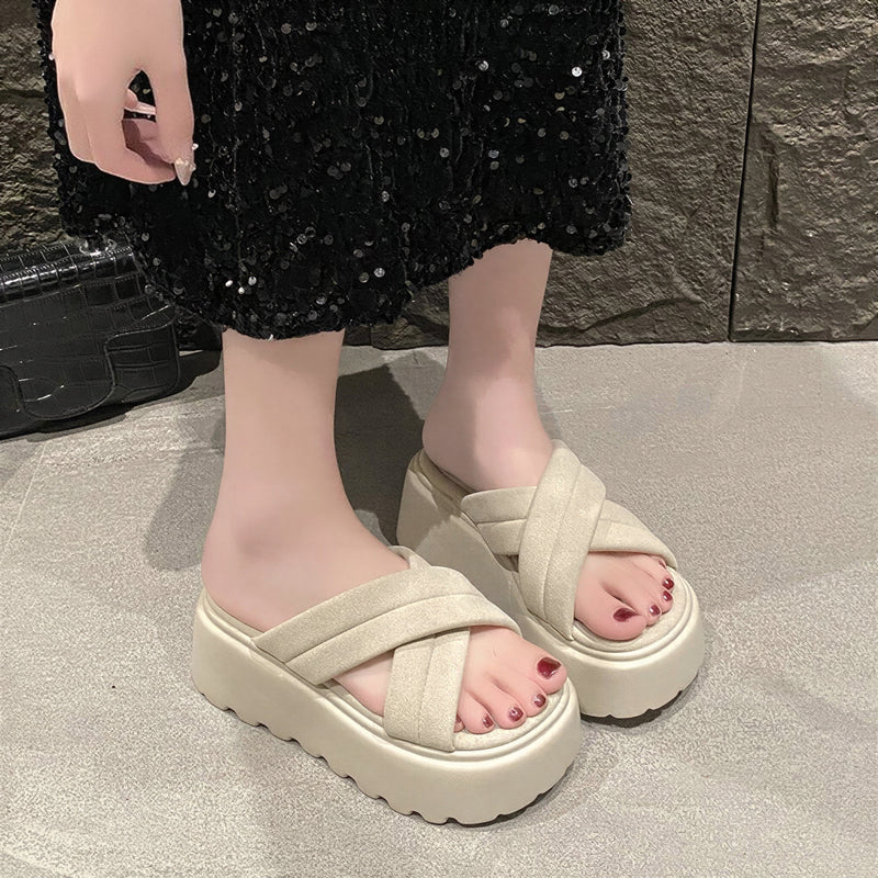 厚底ウェッジソール クロスベルト 滑りにくいギザ底サンダル-ベージュ-42