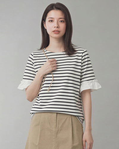 マリンボーダー フリル袖 ゆったり半袖Tシャツ-ホワイト X ネイビー-XL