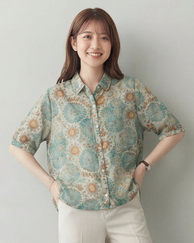 ブルー×オレンジプリント ルーズフィット 開襟シャツ-ブルー X オレンジ-2XL