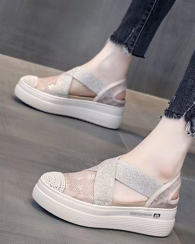 クロスストレッチ 厚底トゥカバーサンダル-ベージュ-40