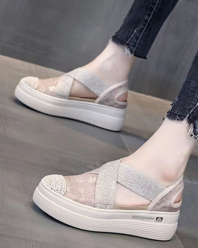クロスストレッチ 厚底トゥカバーサンダル-ベージュ-40