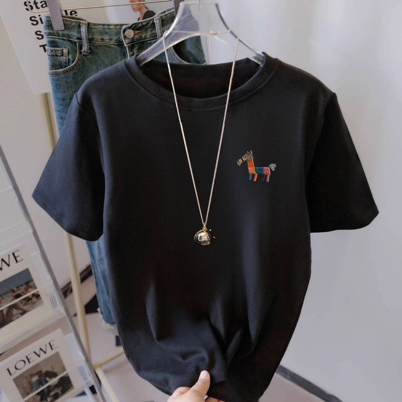 シンプル クルーネック ポニー刺繍Tシャツ