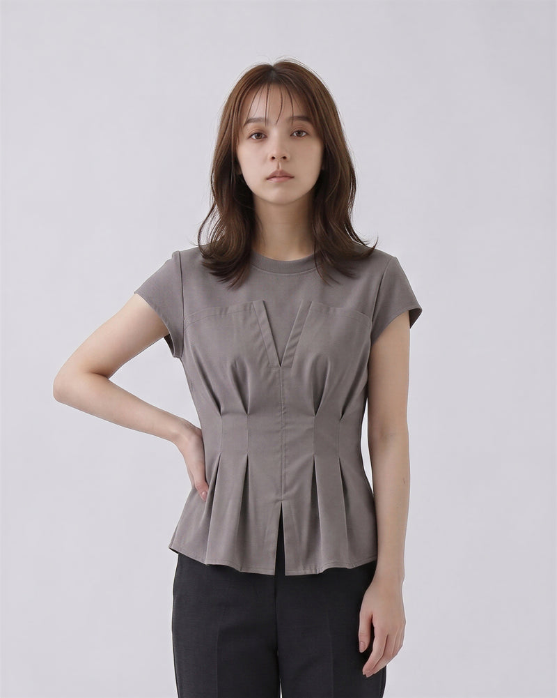 ウエストシェイプ 立体プリーツ 半袖シャツ-グレー-2XL