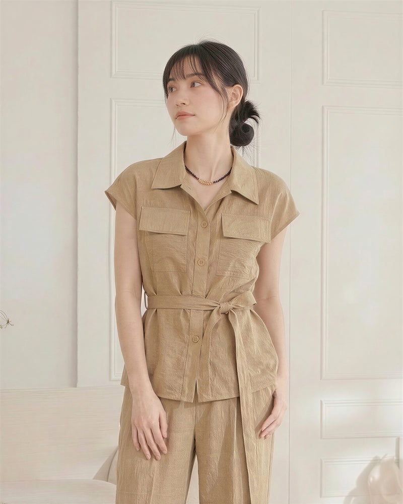 襟付き ダブルポケット ウエストリボン ノースリーブシャツ