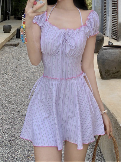 ストライプ ウエストマーク フリルヘム スカート風ワンピース水着