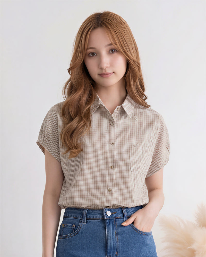 ライトベージュ チェック柄 スタンドカラー ドロップショルダー 半袖シャツ
