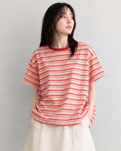 レッドボーダー ルーズ ドロップショルダーTシャツ