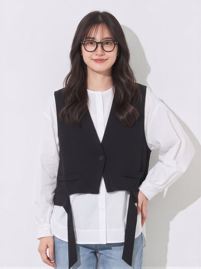 ブラック Vネック ロングリボン ベストシャツ 2点セット-ブラック-2XL