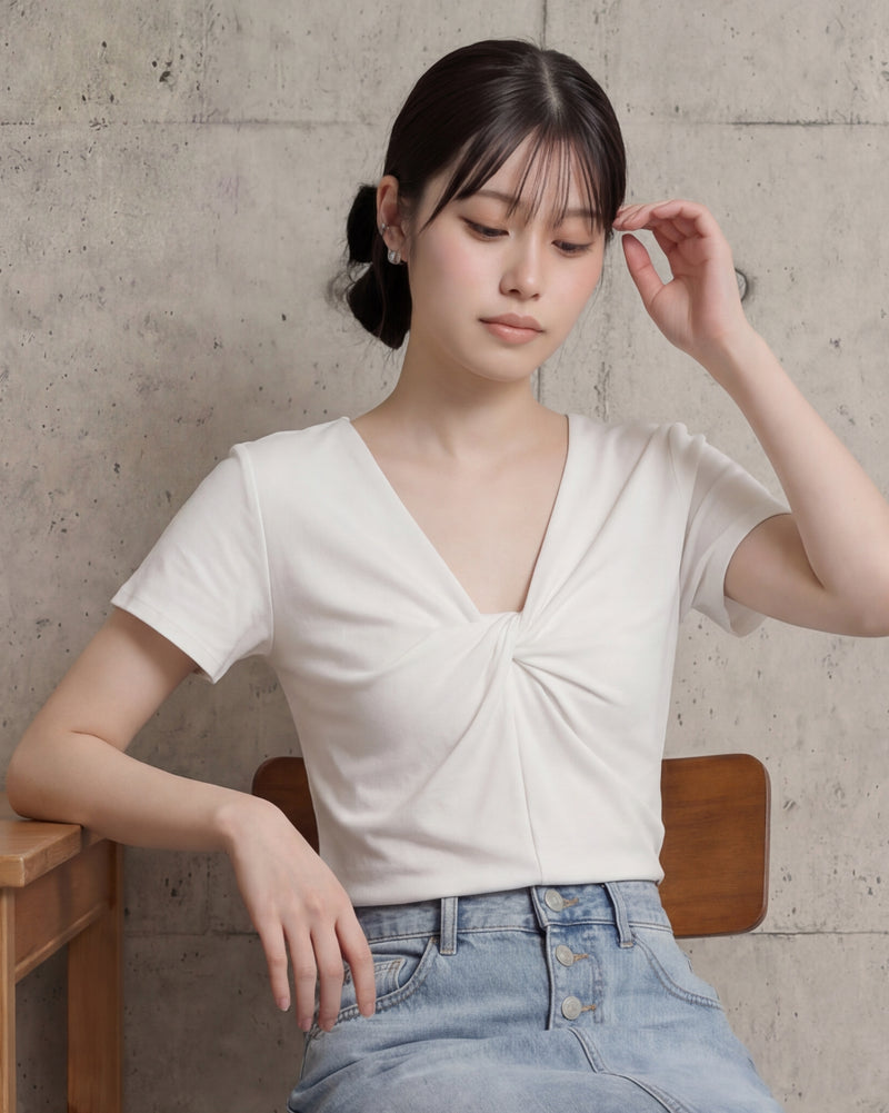 ツイストVネック ウエストシェイプ 半袖Tシャツ