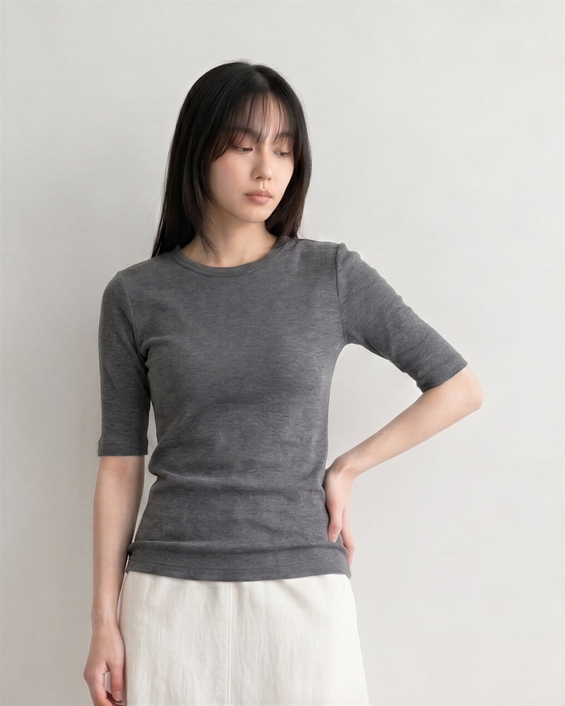 スリムフィット クルーネック 五分袖インナー-グレー-3XL
