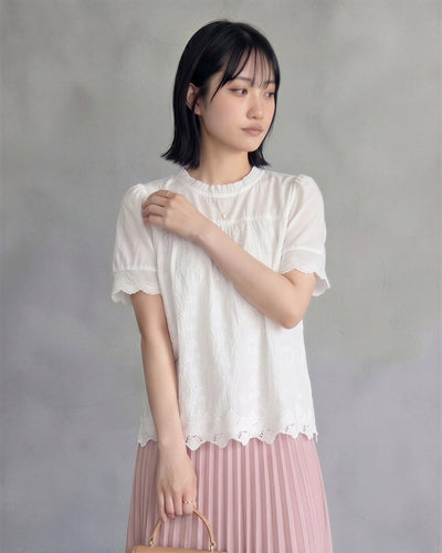 メローフリル×レースヘム シャツブラウス-ホワイト-2XL