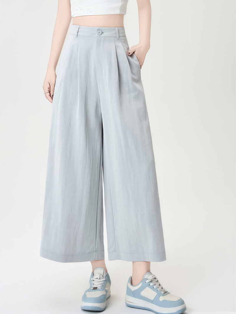 ハイウエスト タック入り ドレープ感 8分丈ワイドパンツ-サックス-2XL