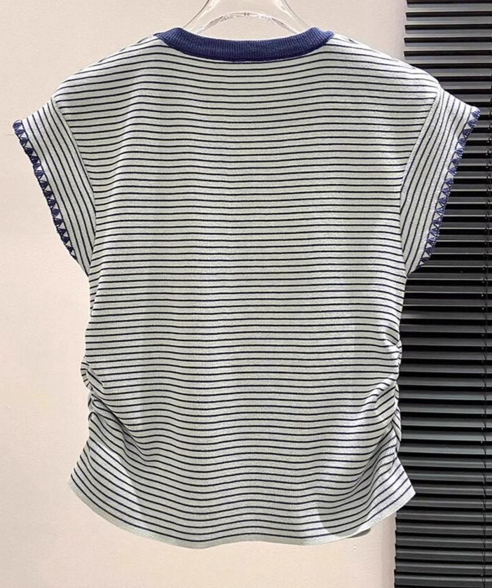 ブルーストライプ 配色ネックトリムTシャツ