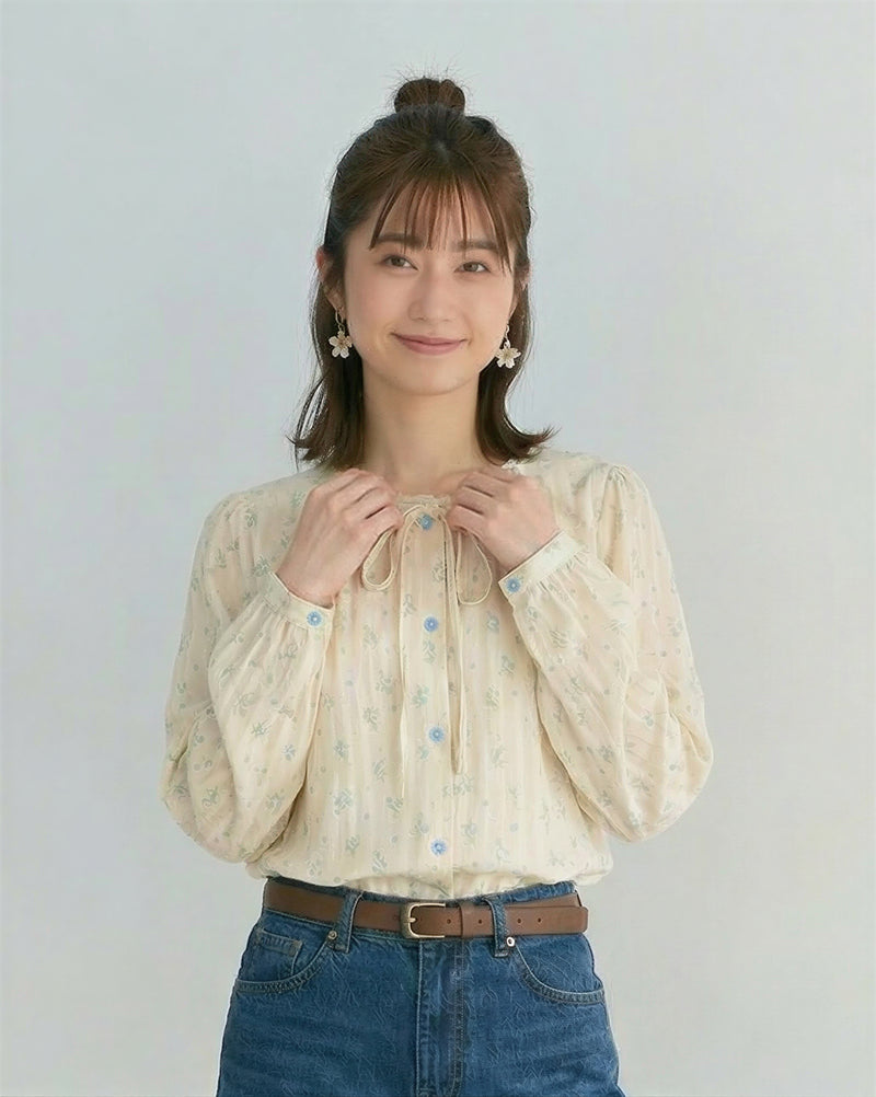 リボン付き ラウンドネック 小花柄 ギャザー感 長袖シャツ-ピュアホワイト-2XL