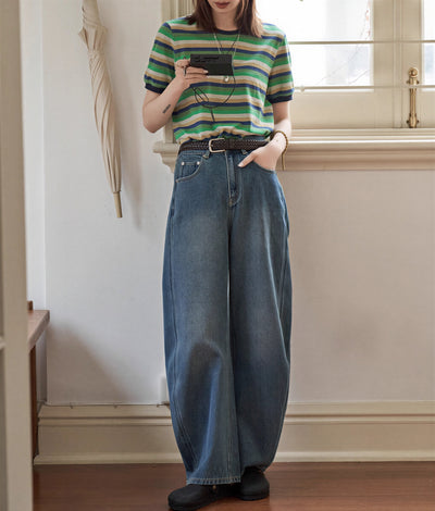 ハイウエスト ワイドシルエット デニムパンツ-ネイビー-XL