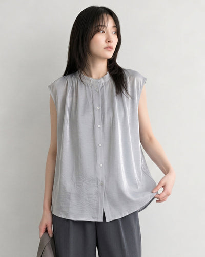 グレー スタンドカラー タック入り ゆったり ノースリーブシャツ-グレー-2XL