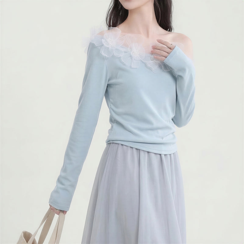 オフショルダー 透けチュール切替 立体フラワー 長袖Tシャツ-ブルー -L
