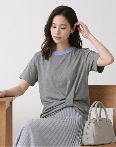 配色クルーネック サイドツイスト 半袖Tシャツ-グレー-XL