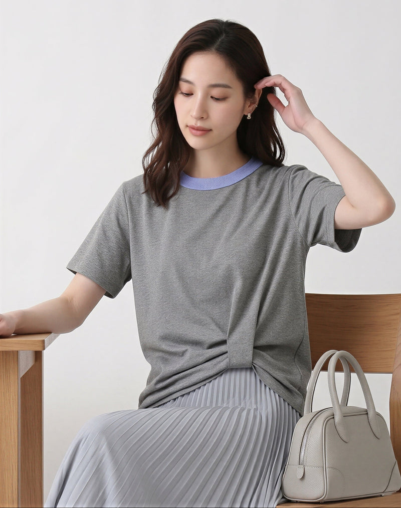 配色クルーネック サイドツイスト 半袖Tシャツ-グレー-XL
