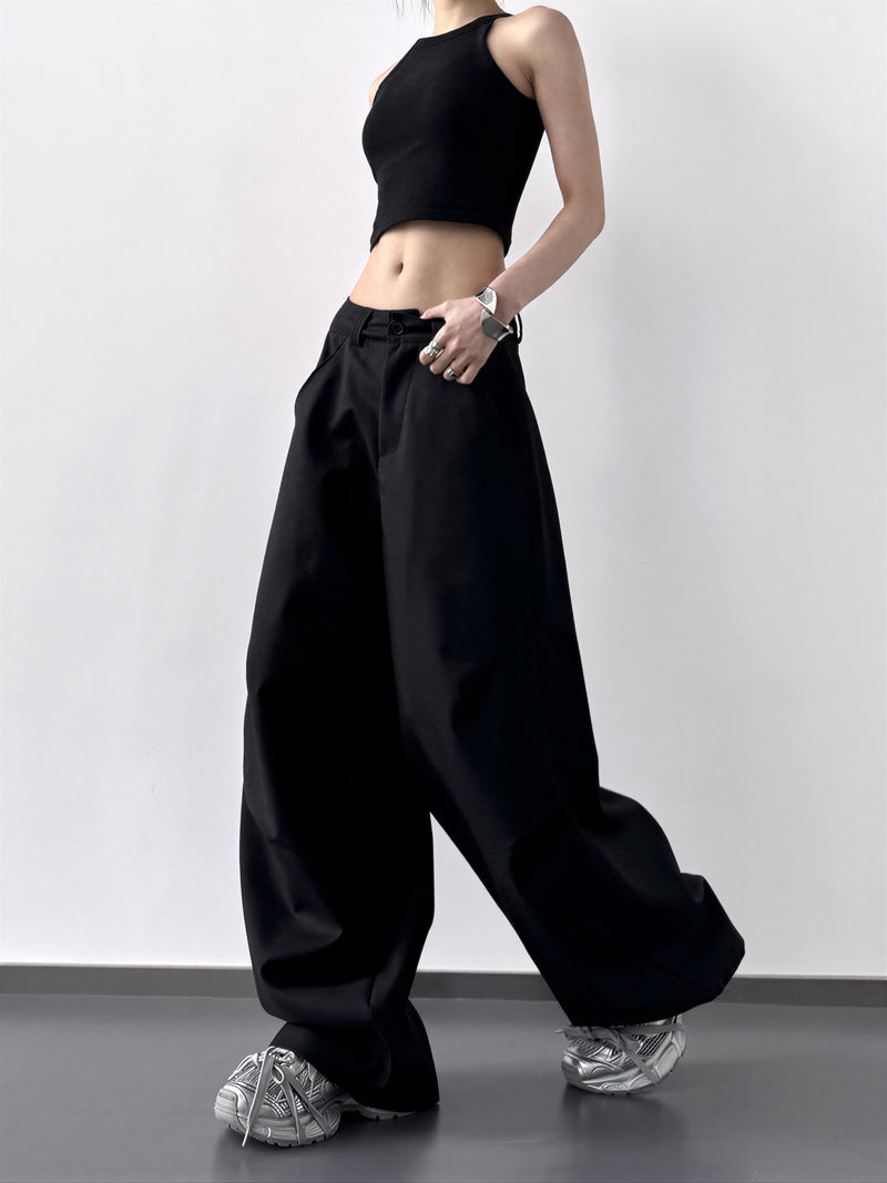 S-XL ローライズ 立体プリーツ ワイドパンツ