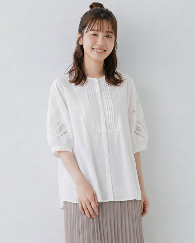 立体プリーツ カットワーク バルーンスリーブブラウス-ホワイト-4XL