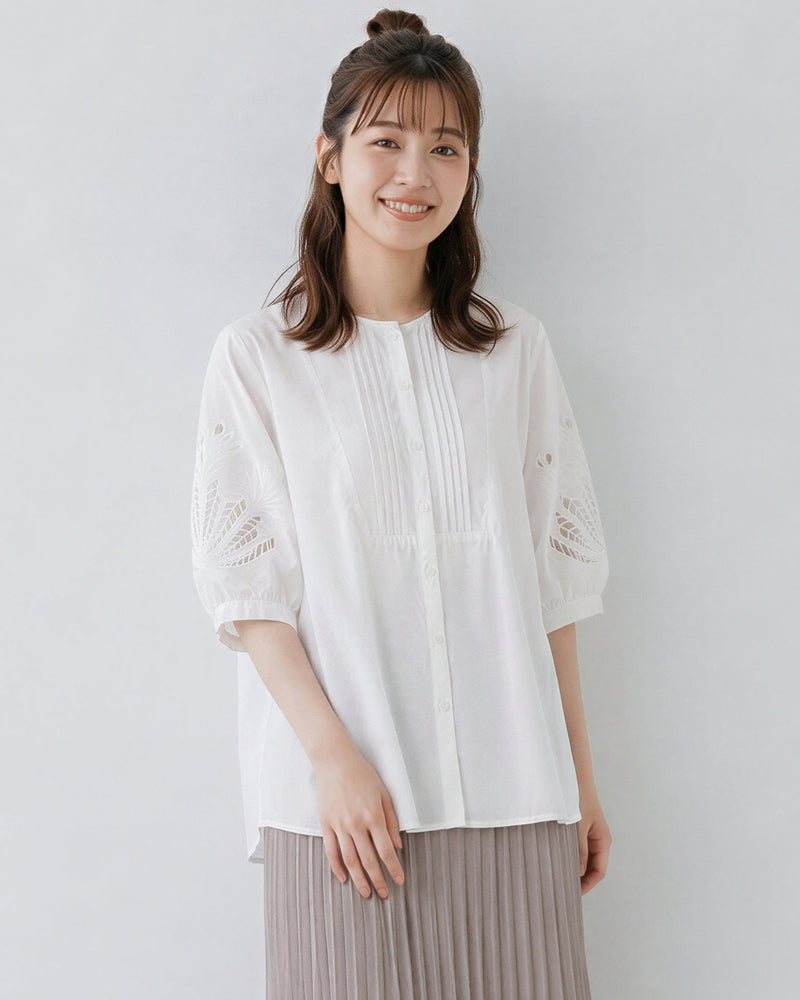 立体プリーツ カットワーク バルーンスリーブブラウス-ホワイト-4XL