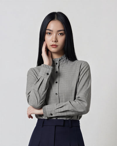 スタンドカラー フリル付き チェック柄 ショート丈シャツ-グレー-2XL