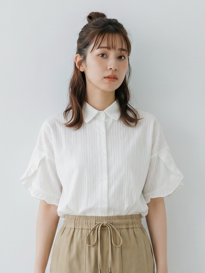 立体縦リブ フリルスリーブ ゆったりシャツ