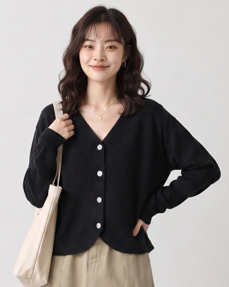 Vネック ラウンドヘム ゆったりニットカーディガン-ブラック-2XL