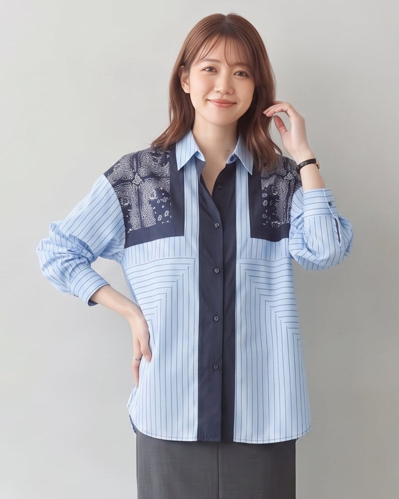 【秋新作】L~4XL 切り替えストライププリントシャツ