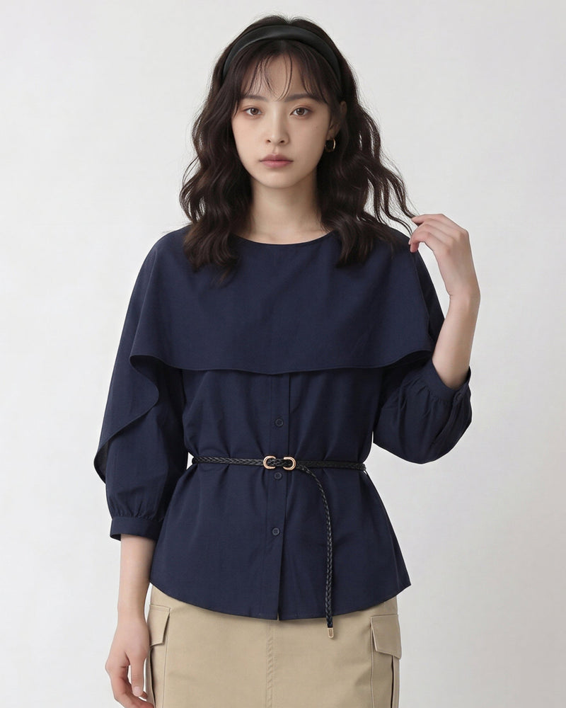 アシンメトリーケープ ウエストマークシャツ-ダークブルー-4XL