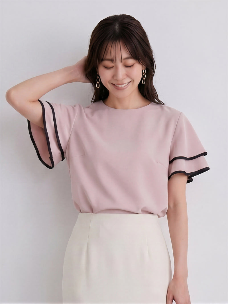 フリルフレアスリーブ 配色パイピングTシャツ-ライトピンク-L