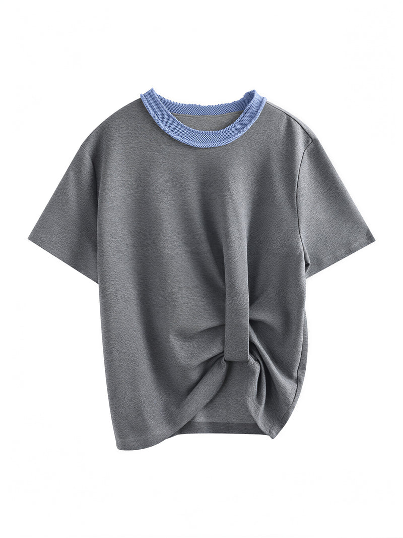 配色クルーネック サイドツイスト 半袖Tシャツ