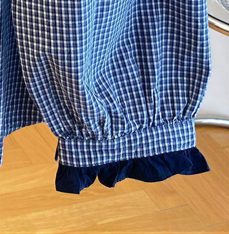 【秋新作】S~2XL フリルネックリボン付きチェックシャツ