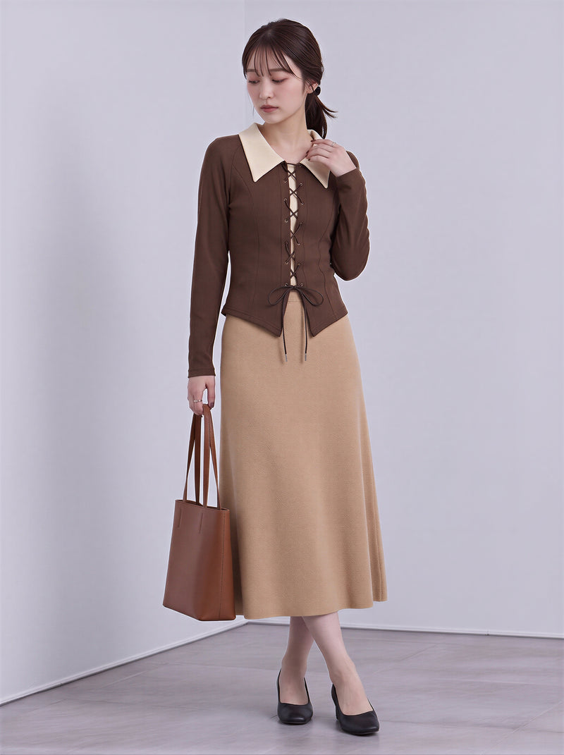 M~2XL 配色ビッグカラー ウエストマーク リボンニット