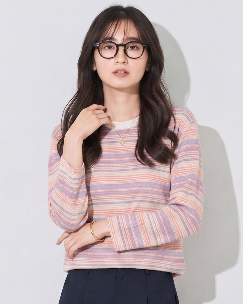ライトピンク 細ボーダー クルーネック 長袖Tシャツ-ライトピンク-XL
